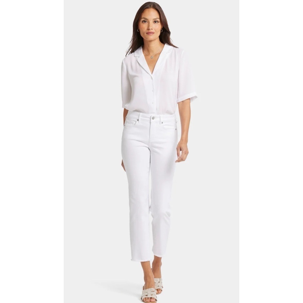 NYDJ MARILYN STRAIGHT JEANS 2 OPTIC WHITE FRAY HEM CROPPED STRETCH SUMMER CHIC